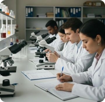 Researchers performing laboratory experiments using microscopes and documenting results.