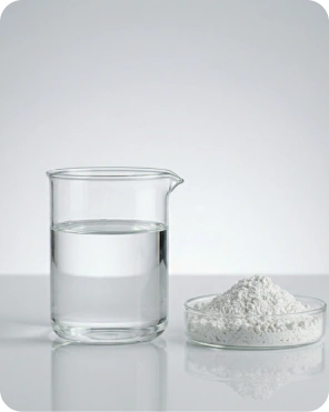 Laboratory-grade white chemical powder beside clear solution